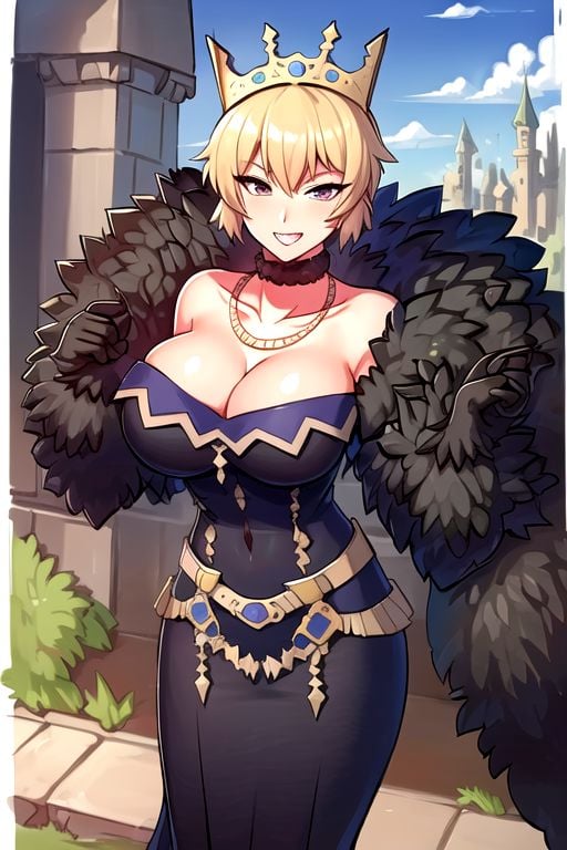 gremory,fur trim,choker, gloves,necklace, black long dress, balt, in castle, solo