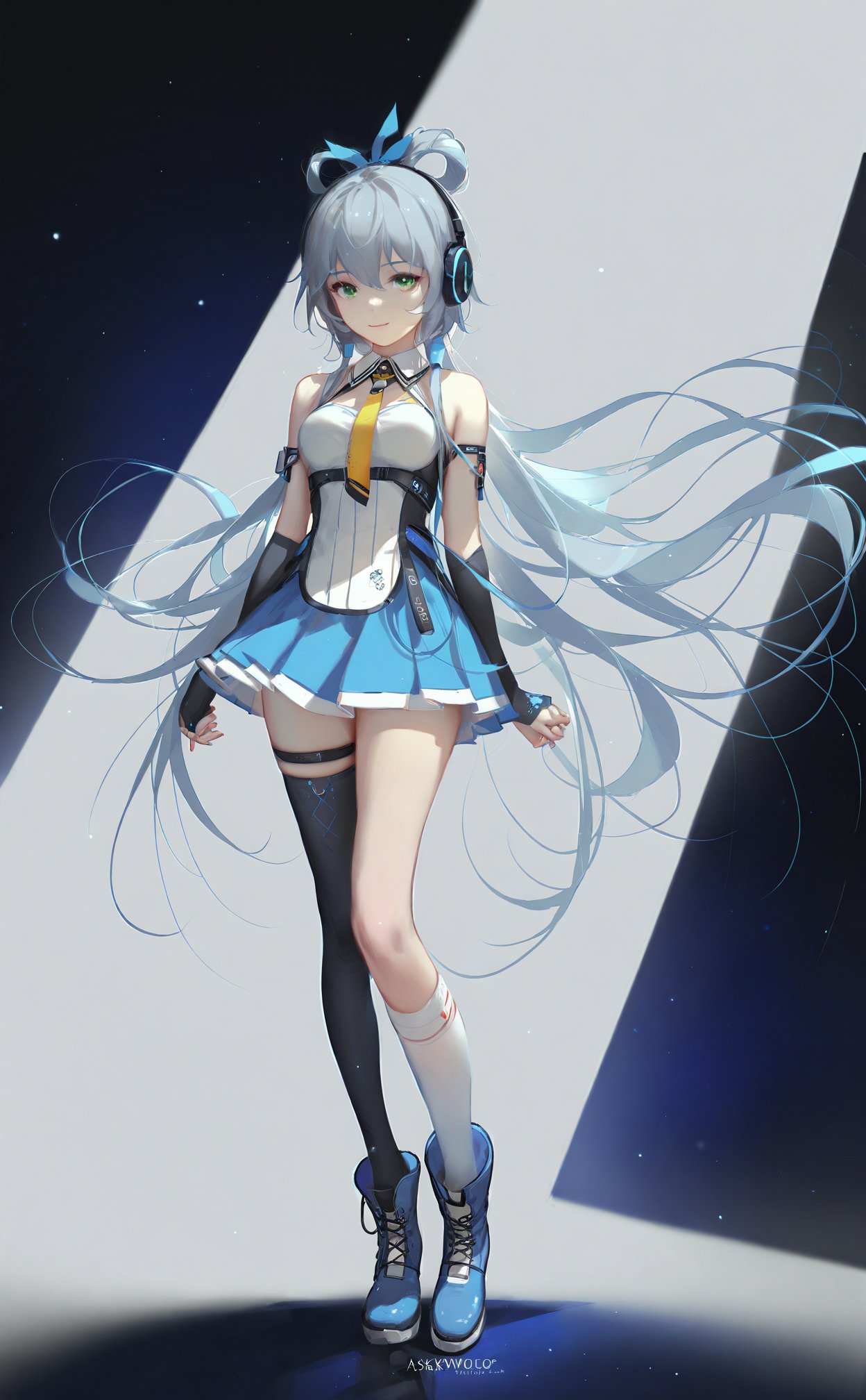 masterpiece,best quality,high quality,(colorful),[Artist sk (askzy)],[Artist wlop],Artist SHC,1girl,Luo Tianyi (Vocaloid),solo,green eyes,asymmetrical legwear,long hair,single kneehigh,single sock,smile,hair rings,thighhighs,necktie,skirt,uneven legwear,single thighhigh,very long hair,looking at viewer,boots,socks,nail polish,full body,gloves,grey hair,mismatched legwear,bare shoulders,elbow gloves,pleated skirt,detached sleeves,kneehighs,breasts,headphones,sleeveless,standing,blue skirt,sidelocks,asymmetrical footwear,hair between eyes,blue footwear,