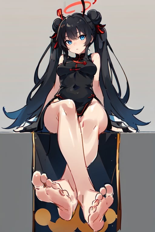 1girl,  feet,  barefoot,  toes,  foreshortening,  soles,  foot focus,  double bun,  china dress,  twintails,  hair bun,  chinese clothes,  bare legs,  sitting,  gradient background,  black dress,  blush,  bare shoulders,  black gloves,  black hair,  bangs,  closed mouth,  sleeveless dress,  blue eyes,  hair ornament,  medium breasts,  yang guifei (fate),  thighs,  full body,  bow,  looking to the side,  halo,  looking away,  bare arms,  grey background,<lora:EMS-296029-EMS:0.900000>