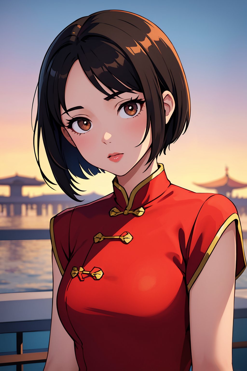 (best quality:1.4),(masterpiece:1.4),(8K:1.4),(extremely detailed:1.4),1girl,solo,brown eyes,(upper body:1.2),looking at viewer,short hair,black hair,chinese clothes,full body,