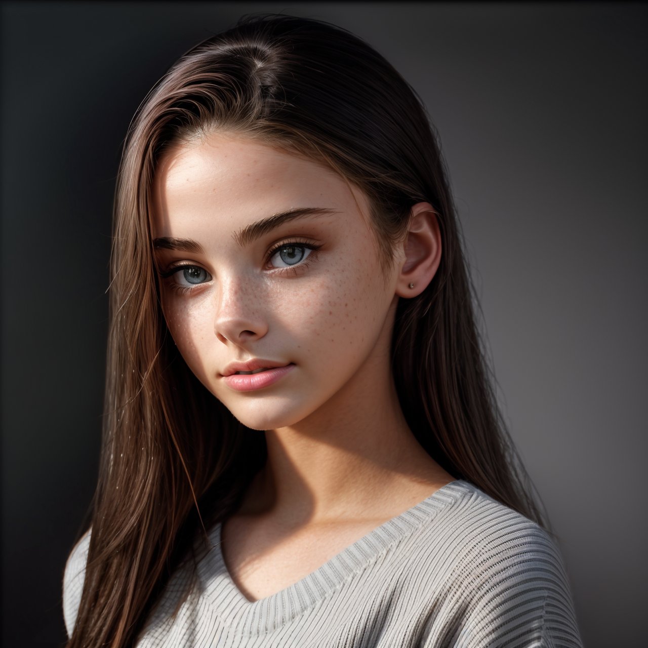 (masterpiece:1.3), best quality profile of stunning (AIDA_LoRA_MeW2016:1.03) <lora:AIDA_LoRA_MeW2016:0.9> in (simple light gray sweater:1.1), [little girl], glossy skin with visible pores and freckles, pretty face, naughty, funny, happy, playful, intimate, flirting with camera, dramatic, composition, kkw-ph1, (colorful:1.1), (studio photo:1.1), (charcoal smoky black background:1.1)