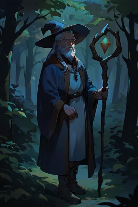 score_9, score_8_up, score_7_up, dark theme, low light, wizard, old, 1boy, old man, male focus, hat, beard, solo, staff, witch hat, facial hair, forest, nature, robe, long hair, looking at viewer, tree, holding, white hair, outdoors, holding staff, boots <lora:Anime Cold Night Style SDXL_LoRA_Pony Diffusion V6 XL:1>