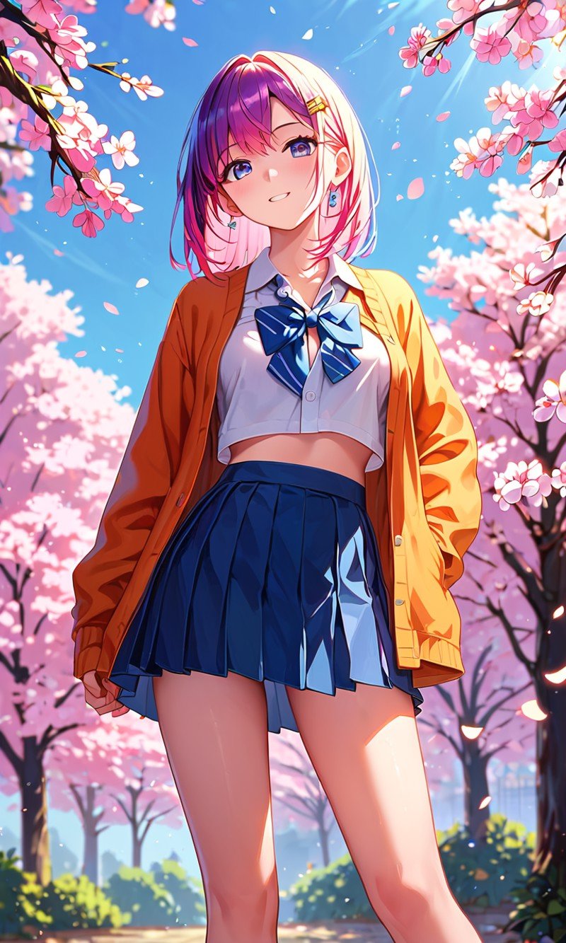 score_9, score_8_up, score_7_up,  artistic, cinematic lighting, vivid, 1girl,  A cheerful schoolgirl with vibrant hair and a school uniform, standing under cherry blossom trees, masterpiece, absurdres,  <lora:MJ52:1>