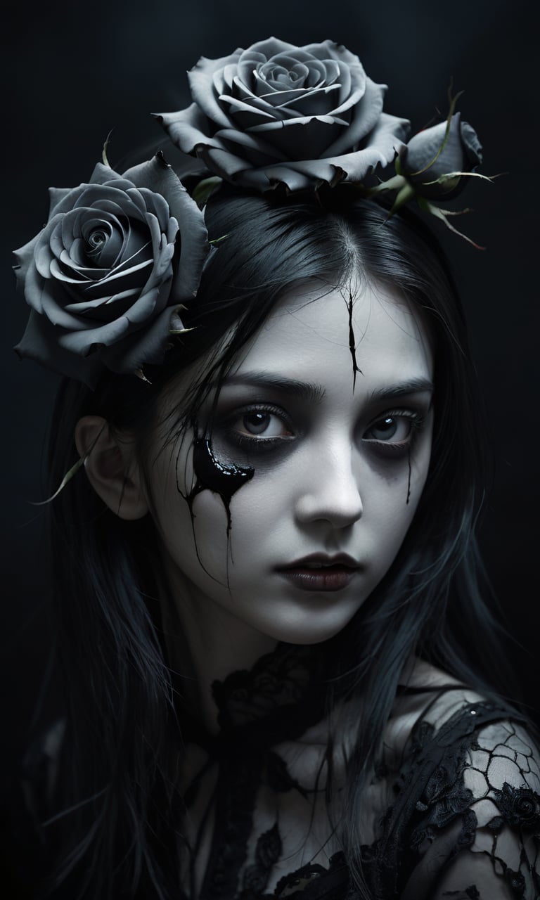 pretty female head, black rose, dark, focus eyes, . Eerie, unsettling, dark, spooky, suspenseful, grim, highly detailed, , surrealism