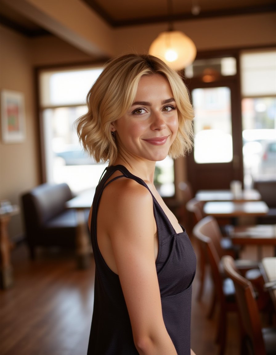 <lora:Kiernan_Shipka_Flux:1>,  blonde, short wavy hair, wearing a dress, standing in cafe looking at the viewer, smiling  