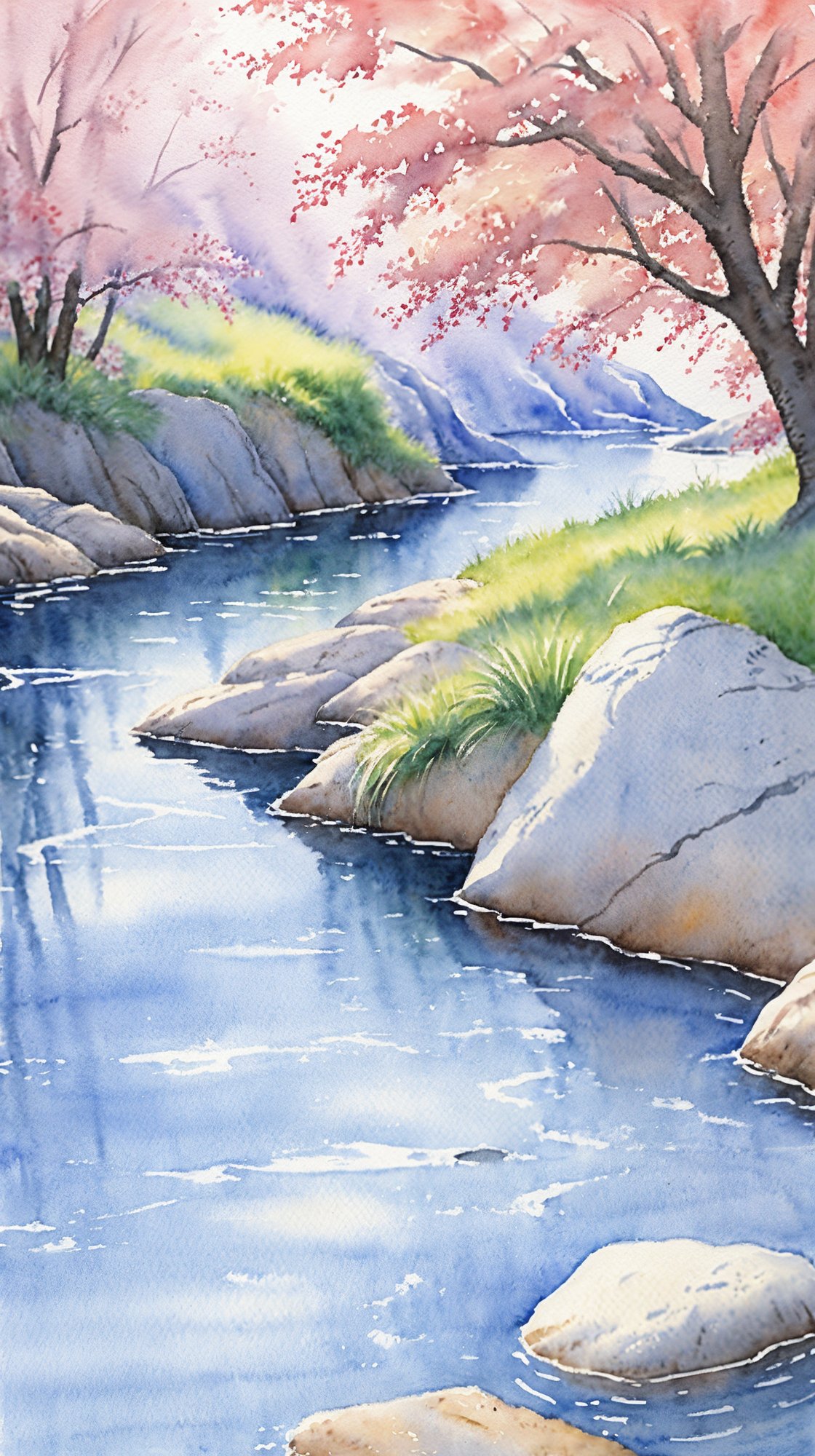 no humans,outdoors,scenery,tree,rock,water,nature,day,grass,river,watercolor painting,<lora:shuicaihua:0.8>,