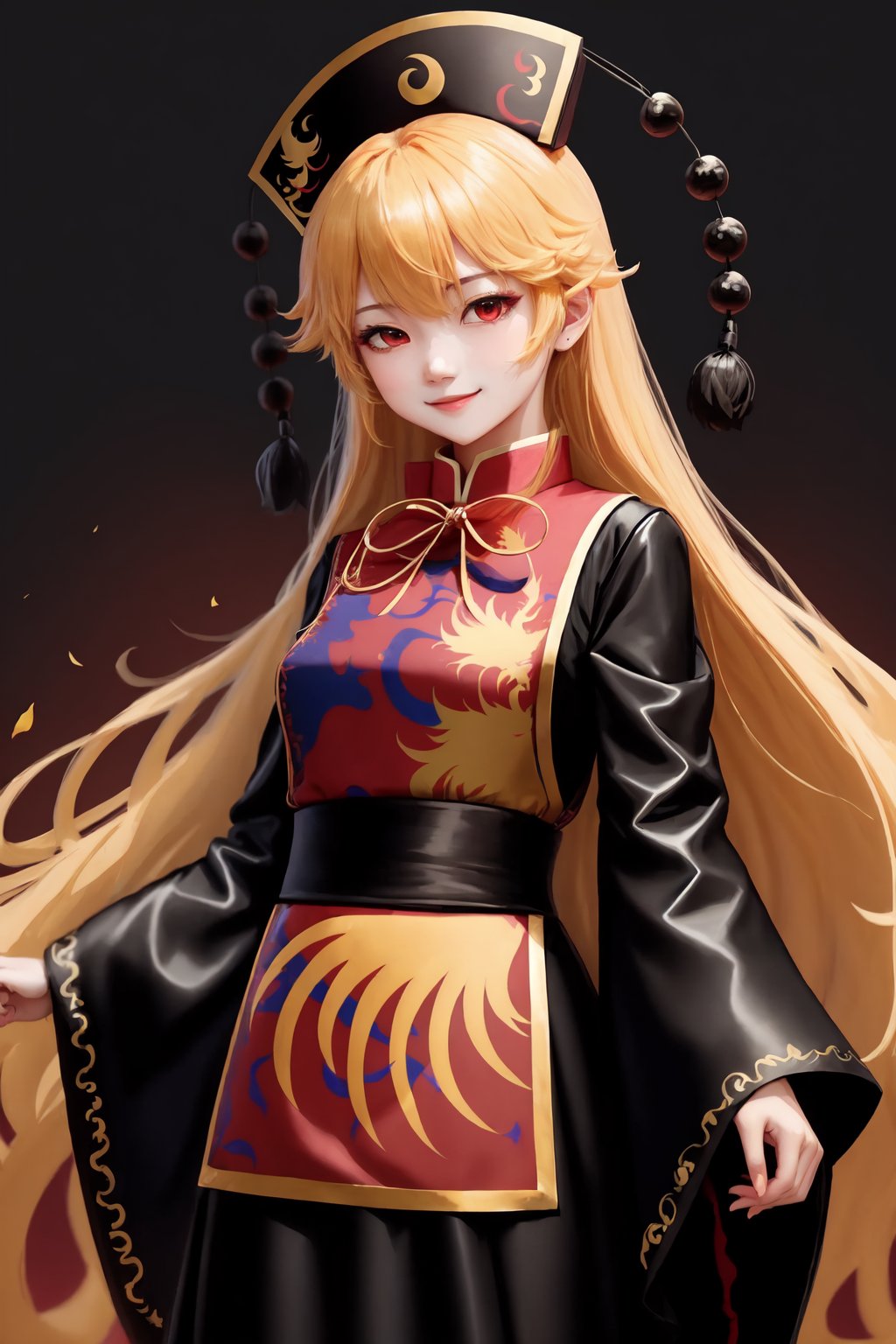 junko_(touhou),1girl,solo,tabard,hat,long_sleeves,black_dress,looking_at_viewer,wide_sleeves,chinese_clothes,closed_mouth,smile,pom_pom_(clothes),black_headwear,simple_background,crescent,phoenix_crown<lora:junko_(touhou):1>,simple background,white backgroundmasterpiece,best quality, highly detailed, 