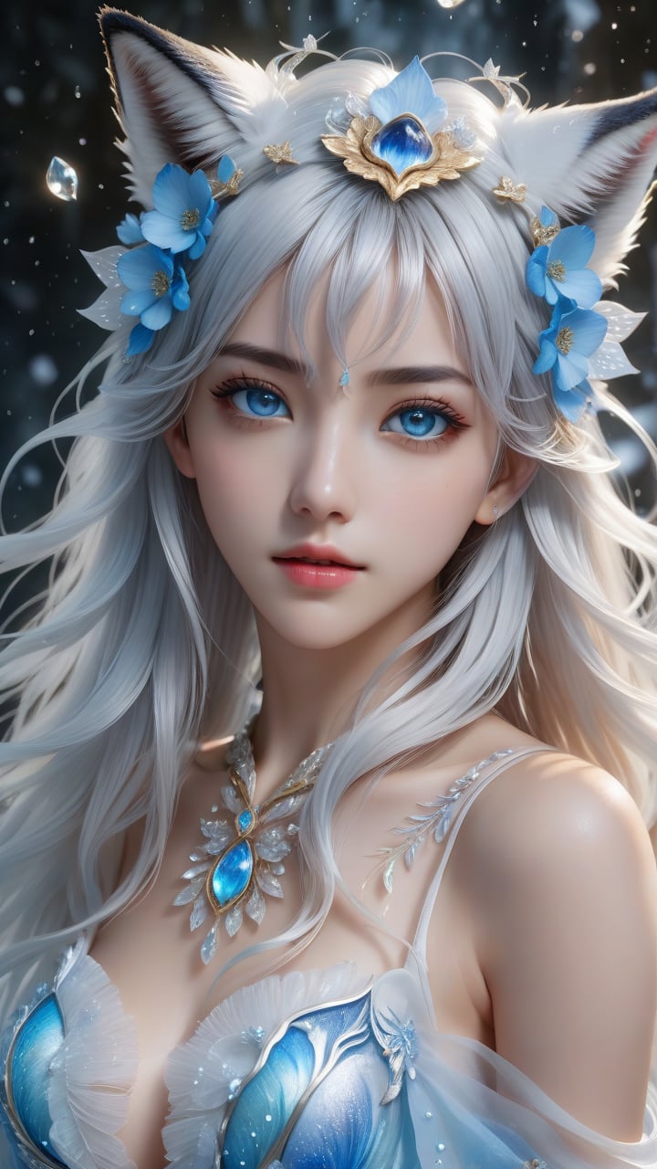 masterpiece,best quality,official art,extremely detailed cg 8k wallpaper,(flying petals) (detailed ice),crystals texture skin,cold expression,((fox ears)),white hair,long hair,messy hair,blue eye,looking at viewer,extremely delicate and beautiful,water,((beauty detailed eye)),highly detailed,cinematic lighting,((beautiful face), fine water surface, (original figure painting), ultra- detailed, incredibly detailed, (an extremely delicate and beautiful), beautiful detailed eyes, (best quality),,