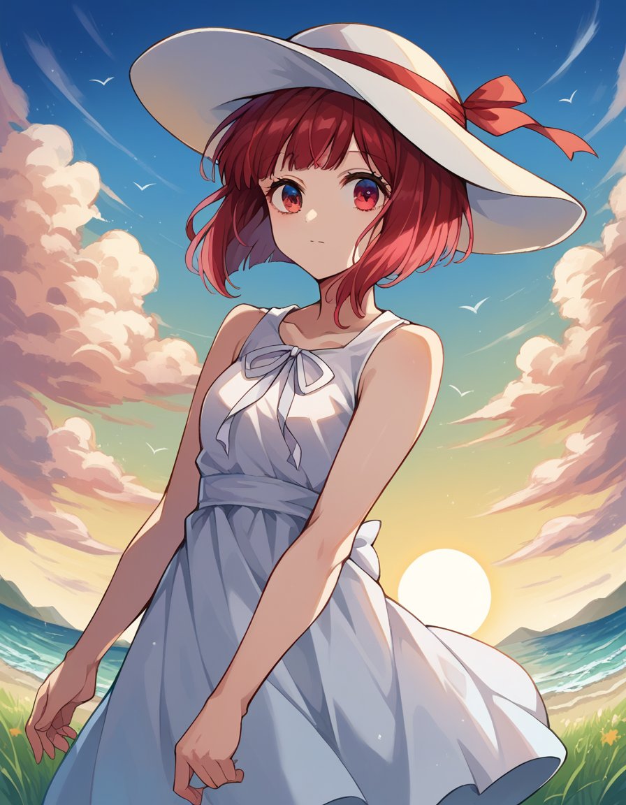 score_9, score_8_up, score_7_up, source_anime,kanaarima, <lora:kanna-arima-ponyxl-lora-nochekaiser:1>,kana arima, short hair, bangs, red eyes, red hair, bob cut, sun,hat, dress, ribbon, sleeveless, white dress, sleeveless dress, white headwear, sun hat, sundress,outdoors, wind, ocean, grass, clouds, sun,looking at viewer, cowboy shot, dutch angle,