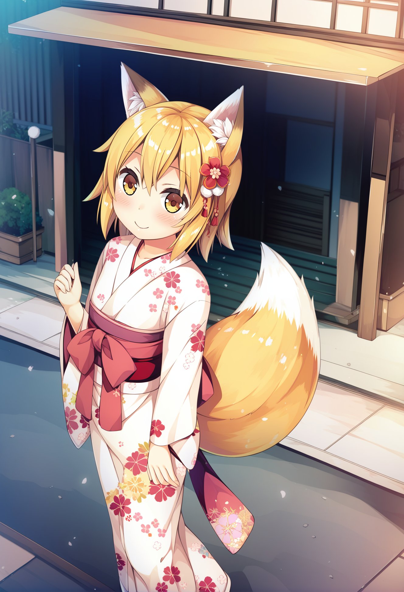 by sakuraba hikaru \(loveindog\), by kantoku,best quality, masterpiece, score_9, score_8_up,1girl, senko \(sewayaki kitsune no senko-san\), blonde hair, flat chest, fox ears, fox tail, hair flower, pink kimono, floral print, yukata, waist bow, hips,, smiling, tilted head, tail ornament, tail bow, walking down the street, oriental, outdoors,