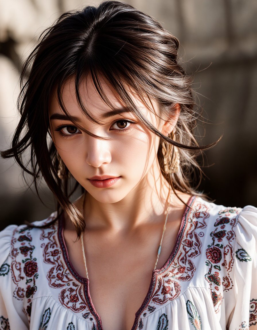 bohoai girl, A raw photo of a woman wearing a style dress, captured in a close-up shot. The intricate patterns of her dress, made of light, flowing fabric, showcase delicate embroidery and soft earthy tones, which reflect the free-spirited essence of the bohemian aesthetic. Her skin glows under natural light, highlighting the fine details of her attire and accessories, which include subtle jewelry that enhances the boho charm. Loose strands of her hair fall gently around her face, framing her features with a relaxed, carefree vibe. The texture of the fabric is richly detailed, and the soft shadows bring out the depth of the image, creating a warm and intimate atmosphere. The background is softly blurred, focusing all attention on her expression and the fine textures of her boho dress, giving the photo a sense of authenticity and natural beauty<lora:hinaFluxBohoGirlMix-schnell_v1:0.7>