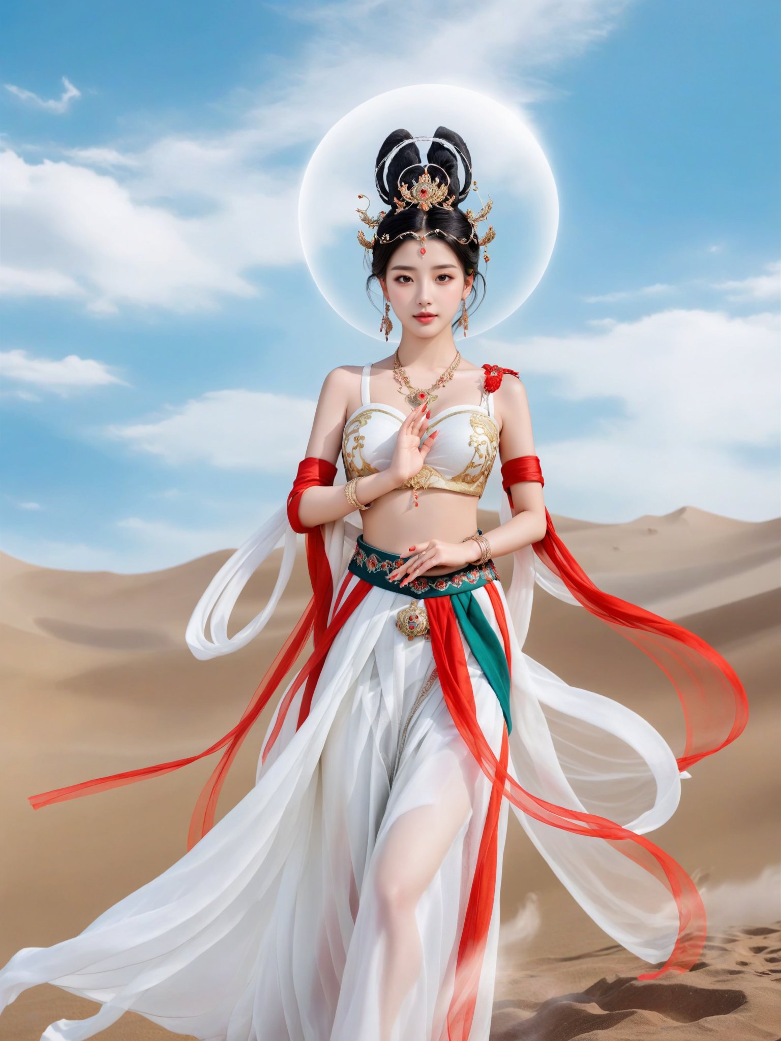 dunhuang,1girl,solo,black hair,jewelry,looking at viewer,desert,bare shoulders,white clothes,(big breast:1.3),see-through,<lora:敦煌XL7:0.6>,