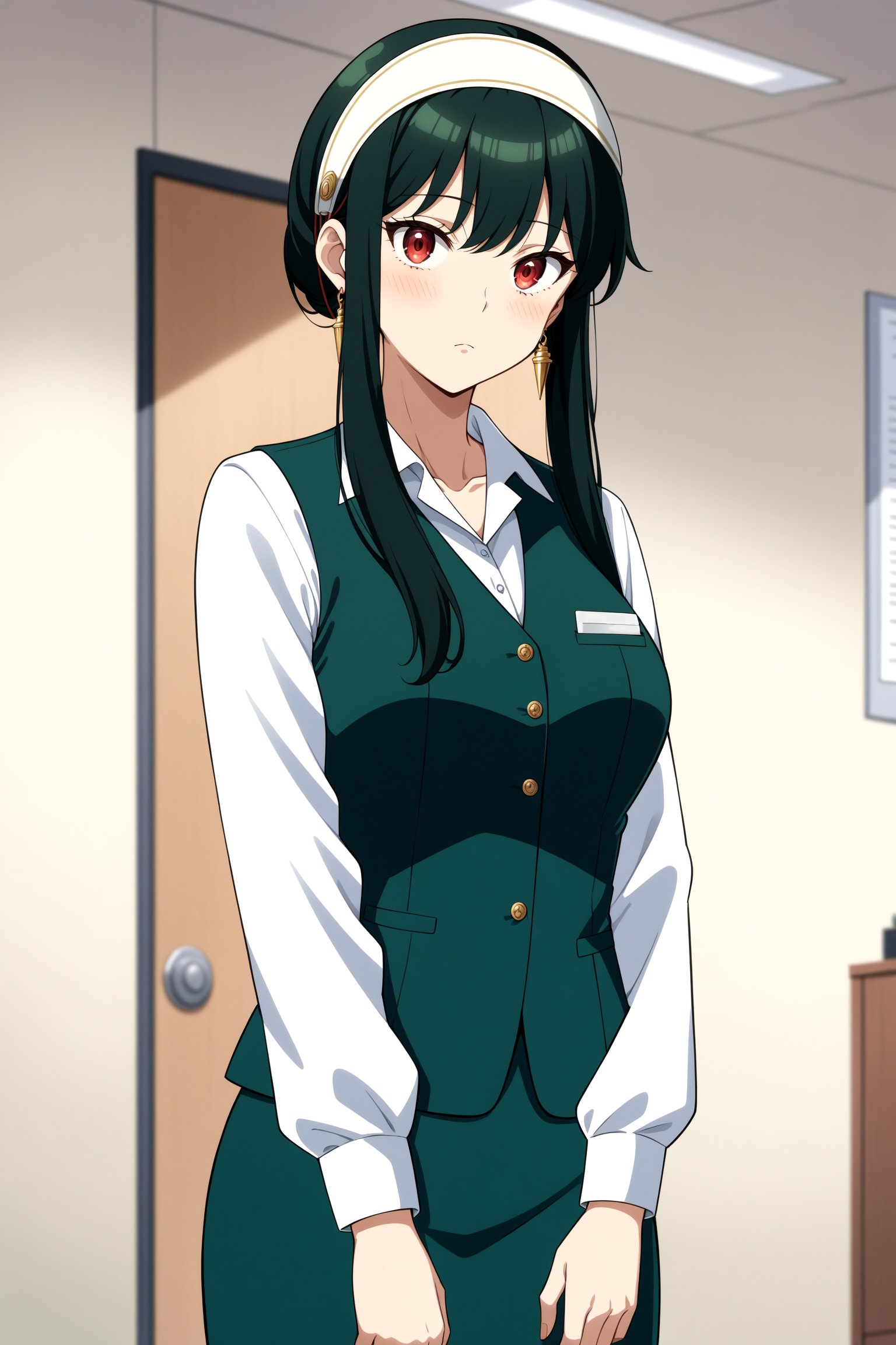 (masterpiece, best quality, very aesthetic, ultra detailed), intricate details, 4k, anime style, bbyorf, short hair with long locks, white hairband, red eyes, gold earrings, collarbone, white shirt, collared shirt, green vest, long sleeves, green skirt, <lora:yor_forger_XL_v1:0.9>, standing, cowboy shot, office