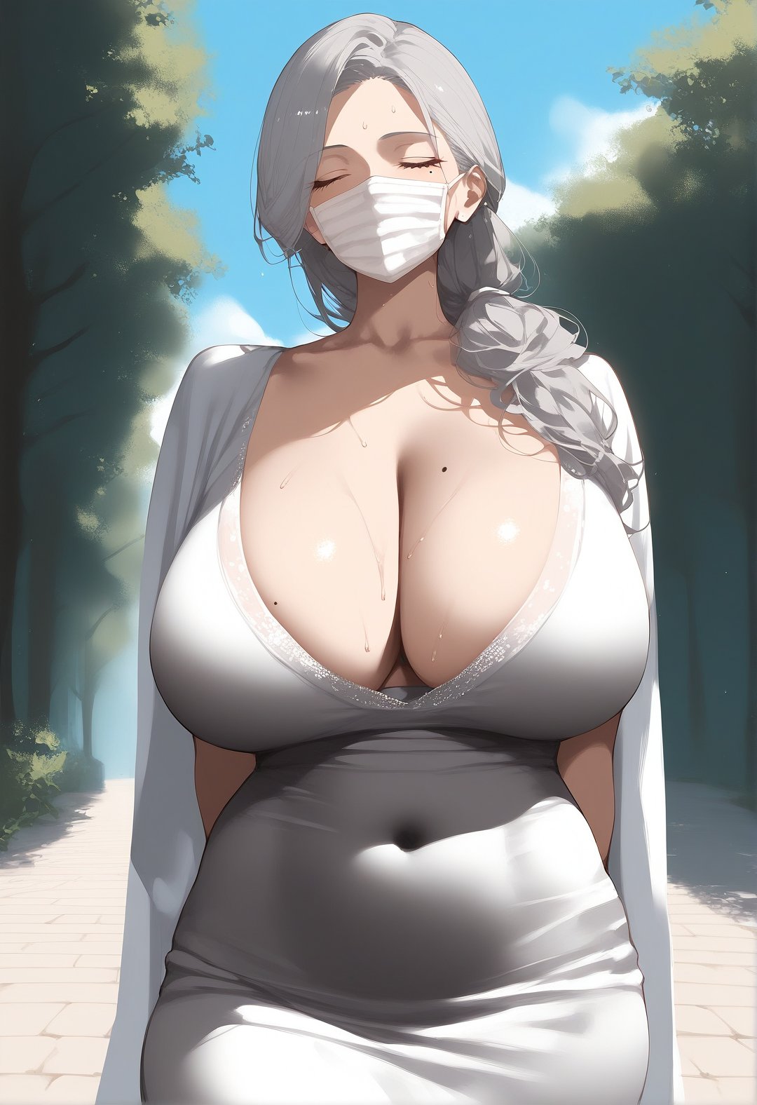 score_9, score_8_up, score_7_up, score_6_up, source_anime, <lora:FOE 0.2v:1>, FOE,  1girl, breasts, cleavage, dress, closed eyes, mask, mouth mask, solo, huge breasts, grey hair, hair over shoulder, bangs, collarbone, mature female, long hair, mole, sweat, grey dress, mole on breast, covered navel, arms behind back, white dress, mole under eye, standing, outdoors,