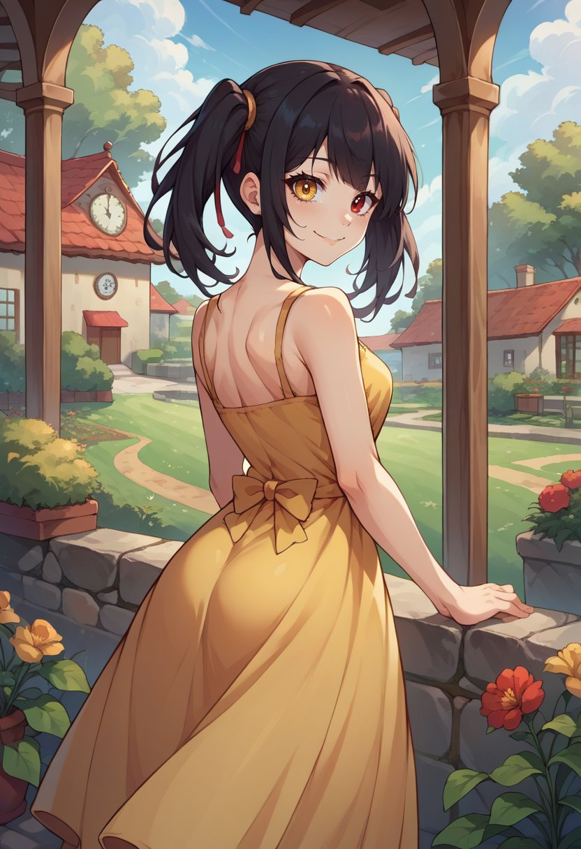 score_9, score_8_up, score_7_up, source_anime, TokisakiKurumi, black hair, twintails, heterochromia, red eye, yellow eye, clock eyes, from behind, yellow sundress, garden, day, sunshine, smile, looking back, <lora:ChamTokisakiKurumiPDXL:1>