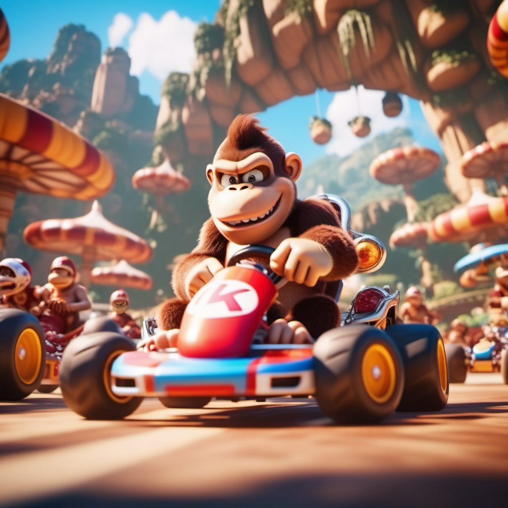 cinematic photo Donkey Kong driving a karting, fantasy world  . 35mm photograph, film, bokeh, professional, 4k, highly detailed  <lora:Mario1024-000200:0.6> <lora:add-detail-xl:1.5>