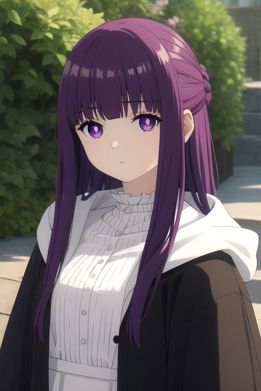 ((masterpiece)),(best quality),official art,extremely delicate and beautiful,extremely detailed CG,unity 8k wallpaper,ultra detailed,beautiful detailed eyes,extremely detailed face,outdoors,1girl,solo,upper body,(portrait:1.5),looking at viewer,facing viewer,expressionless,long hair,purple hair,straight hair,half updo,hime cut,sidelocks,blunt bangs,purple eyes,bright pupils,white pupils,hooded robe,hood down,black robe,white shirt,frills,buttons,long sleeves,medium breasts,long skirt,white skirt,black boots,<lora:Fern(snf)>,