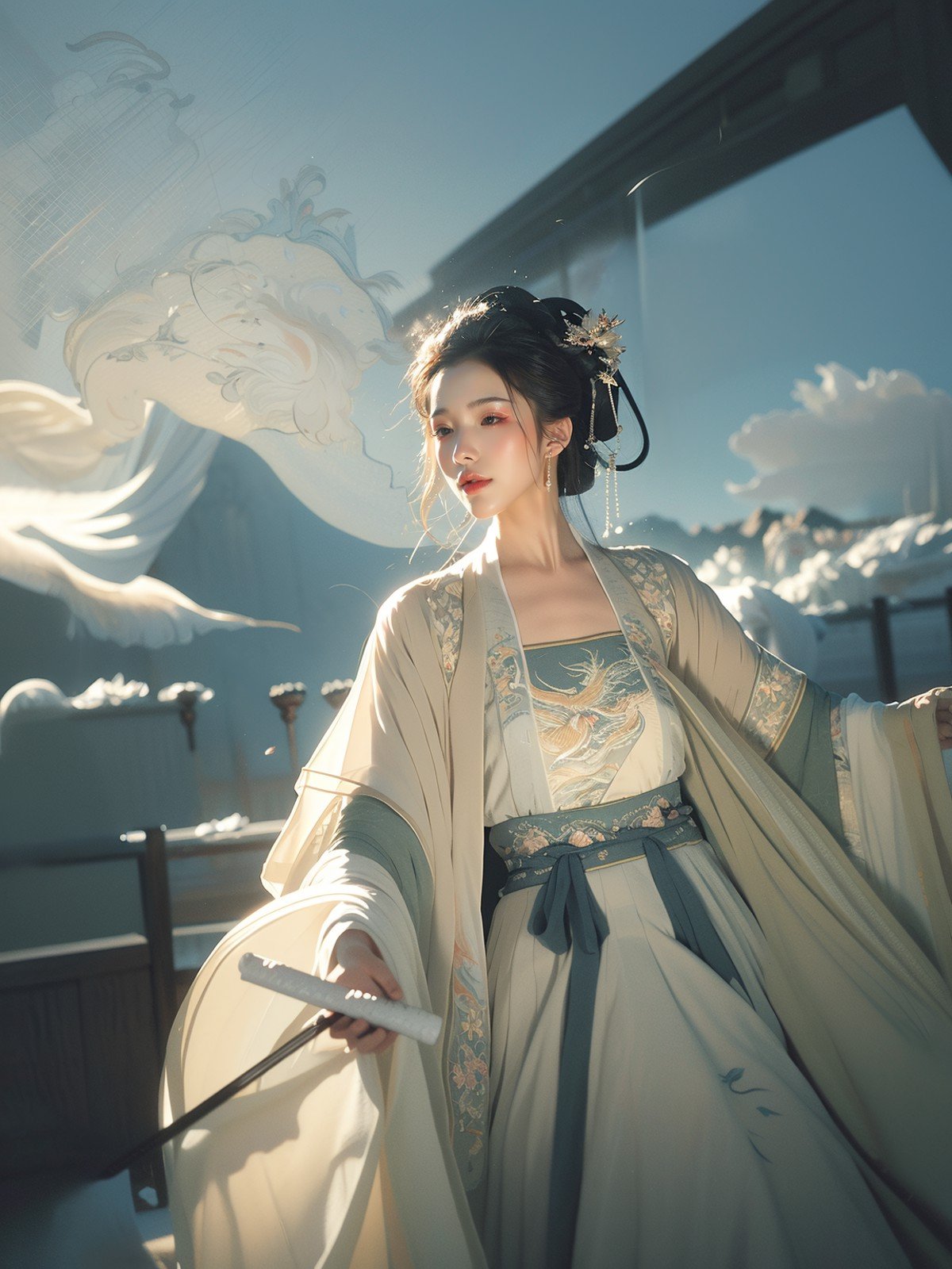 Bird\'s Eye View,The painting depicts an ethereal hanfu girl dancing gracefully on the misty clouds of a celestial palace in the heavens. She is clad in an immaculate white robe that floats lightly around her,the long sleeves flowing like mist.Wisps of fog swirl around her,