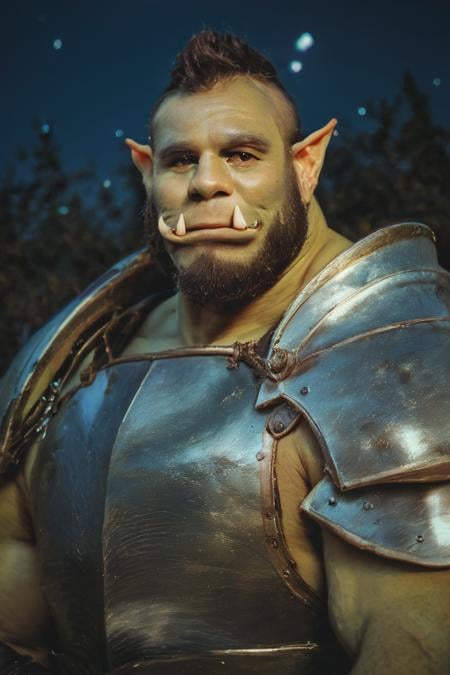 score_9, score_8_up, score_7_up, raw, photo, realistic, solo, male focus, mature male, orc, green skin, tusks, beard, outdoors, armor, looking at viewer, shoulder armor, breastplate, upper body, closed mouth, pauldrons, night, night sky, standing <lora:Photo 2 Style SDXL_LoRA_Pony Diffusion V6 XL:1>