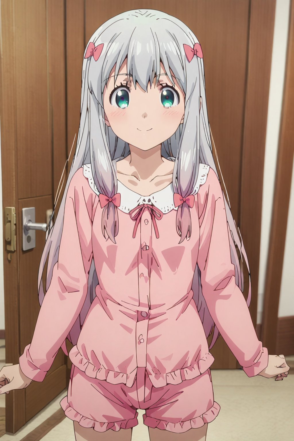 koizumi yogiri, long hair, grey hair, aqua eyes, grey hair, pink hair, multicolored hair,1girl, pajamas, solo, bow,smile, pink bow, hair bow, looking at viewer, pink pajamas, blush, collarbone, pink shorts, shorts, door, closed mouth, long sleeves, indoors, cowboy shot,masterpiece, perfect face, best quality, beautiful girl, blurry background, cute girl, beautiful eyes, shiny eyes, anime coloring, anime screencap, absurdres, <lora:koizumi yogiri anim:0.8>