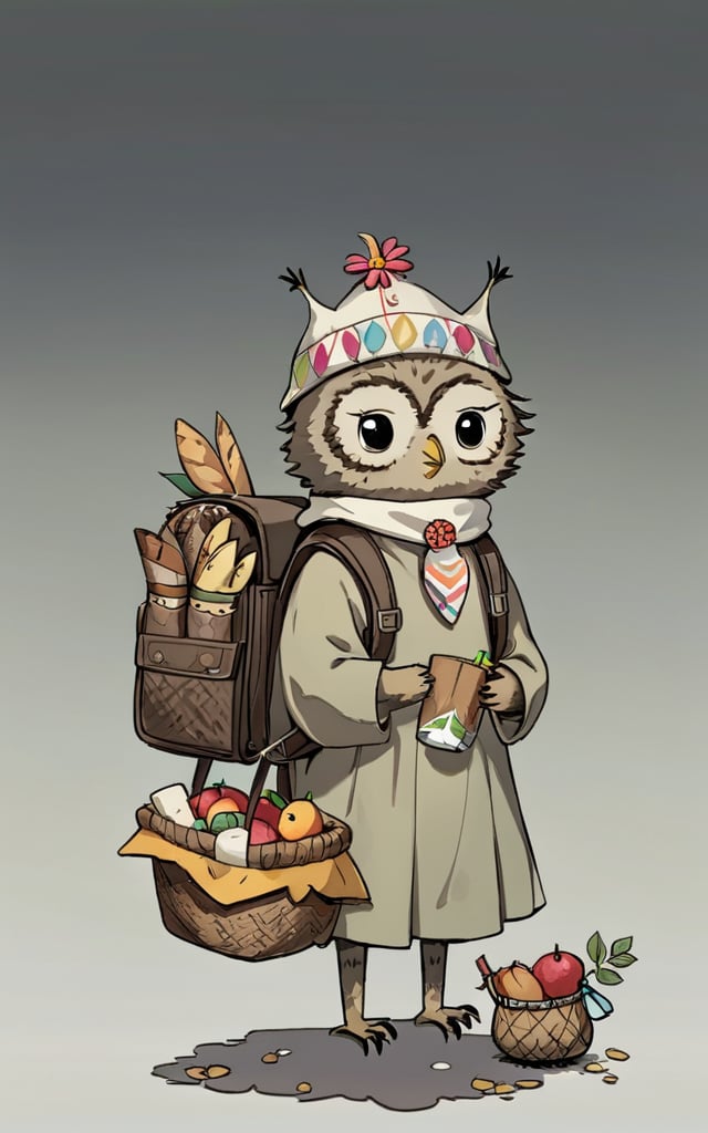 comic_style, children's_painting_style, bird, no humans, owl, bottle, bag, basket, flower, solo, grey background, animal focus, simple background, backpack, animal, hair ornament, hat, looking at viewer, clothed animal, holding, bread, standing, bug, outdoors, leaf, shadow, sitting, stick, black eyes, food, gradient background, fruit, closed mouth,<lora:好吃米-儿童绘本:0.8>,