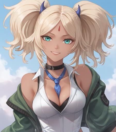 score_9, score_8_up, score_7_up,1girl, solo,<lora:Ulrica:0.9>, Ulrica, dark skin, forehead mark, blonde hair, twintails, blue horn ornament, aqua eyes, large breasts, black collar, blue necktie between breasts, cleavage, green jacket, white leotard, black bracelet, upper body, portrait, looking at viewer, happy, smile, outdoors, clouds, <lora:LDART_style_pony_v3:0.7>,, <lora:Racoonkun_Artist_Style:0.4>, racoonsan,,