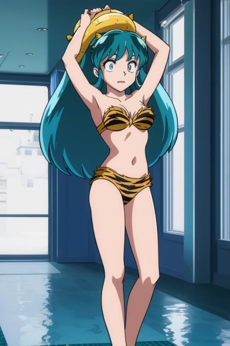 masterpiece, 8k,<lora:Urusei_Yatsura(2008) lum:0.7> lum, oni horns, Standing on tiptoes with arms raised above the head, Private Yacht