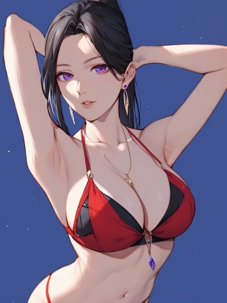 1girl, solo, long hair, looking at viewer, large breasts, black hair, holding, navel, cleavage, jewelry, bare shoulders, purple eyes, collarbone, swimsuit, earrings, parted lips, stomach, armpits, necklace, arm up, parted bangs, blue background, high ponytail, arm behind head, red bikini, sensitive,very aesthetic,absurdres,newest,masterpiece,score_9,score_8_up,score_7_up,score_6_up,score_5_up,score_4_up,