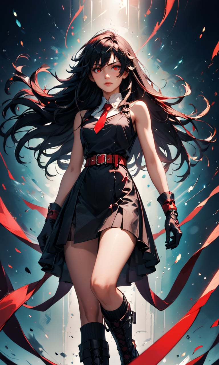 score_9, score_8_up, score_7_up, (Akame ga Kill!), very long black hair, floating hair, red eyes, black dress, sleeveless, detailed white collar, black skirt, red belt around her waist, red and black gloves, long red tie, black socks, boots, (ultrahigh resolution textures), bokeh, light passing through hair, (abstract background), (official art)