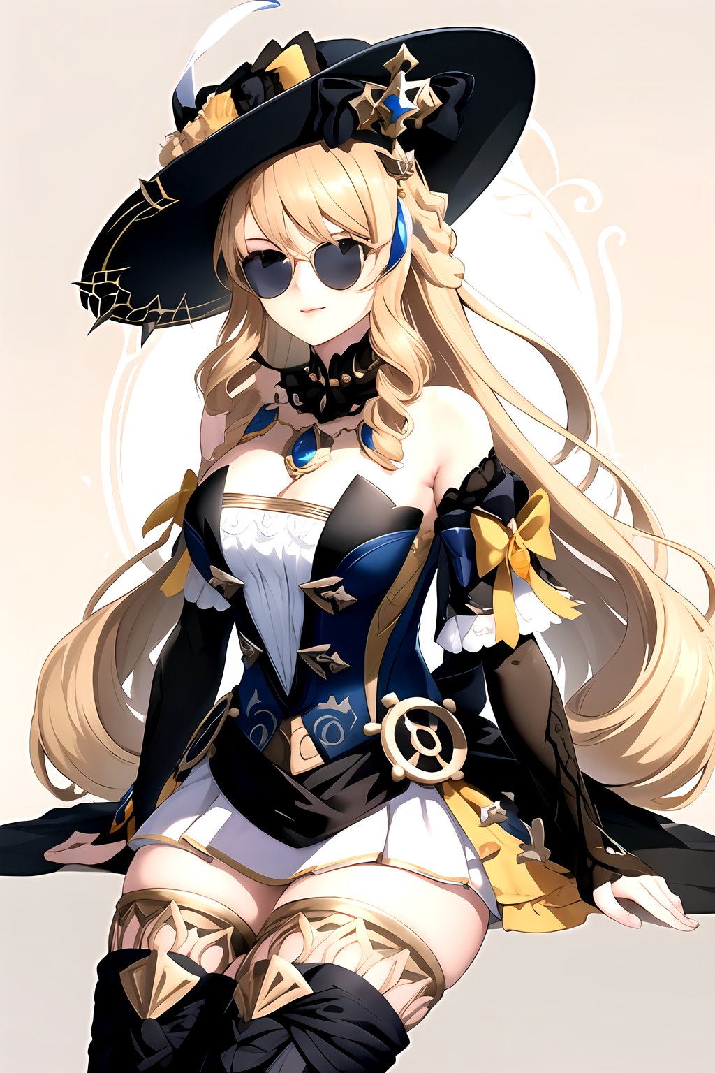 masterpiece, best quality, 1girl, GINavia, breasts, bangs, blonde hair, dress, cleavage, strapless, detached sleeves, black gloves, witch hat, gem, jewelry, hair bow, cowboy shot, looking at viewer, black sunglasses, cropped legs, thighhighs, single glove, sitting,  