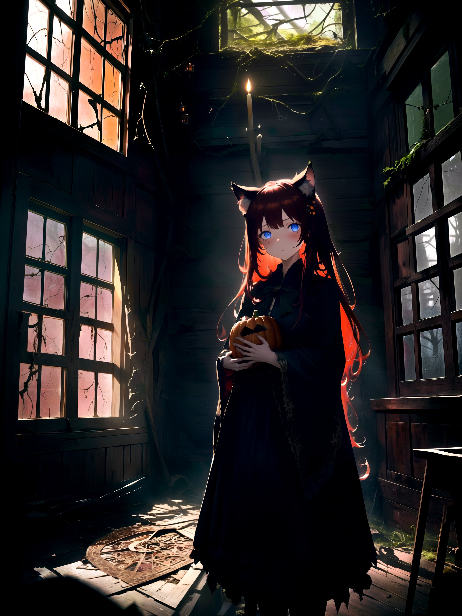 1girl, anime illustration, a girl in a Halloween costume, standing in front of a haunting house adorned with eerie decorations. The girl's costume is inspired by the mystical and macabre, with dark colors, flowing fabric, and intricate details. She holds a carved pumpkin, its flickering candle casting an eerie glow on her face. The haunting house behind her is dilapidated, with broken windows and overgrown vines, creating a spooky atmosphere. Shot with a Sony A7 III, Fujifilm Velvia 50 film, 35mm lens, capturing the haunting beauty of the scene with rich colors and sharp details. raifu, dark red hair, blue eyes, straight hair, cat ears, blush, (medium breasts:0.8), mature female,