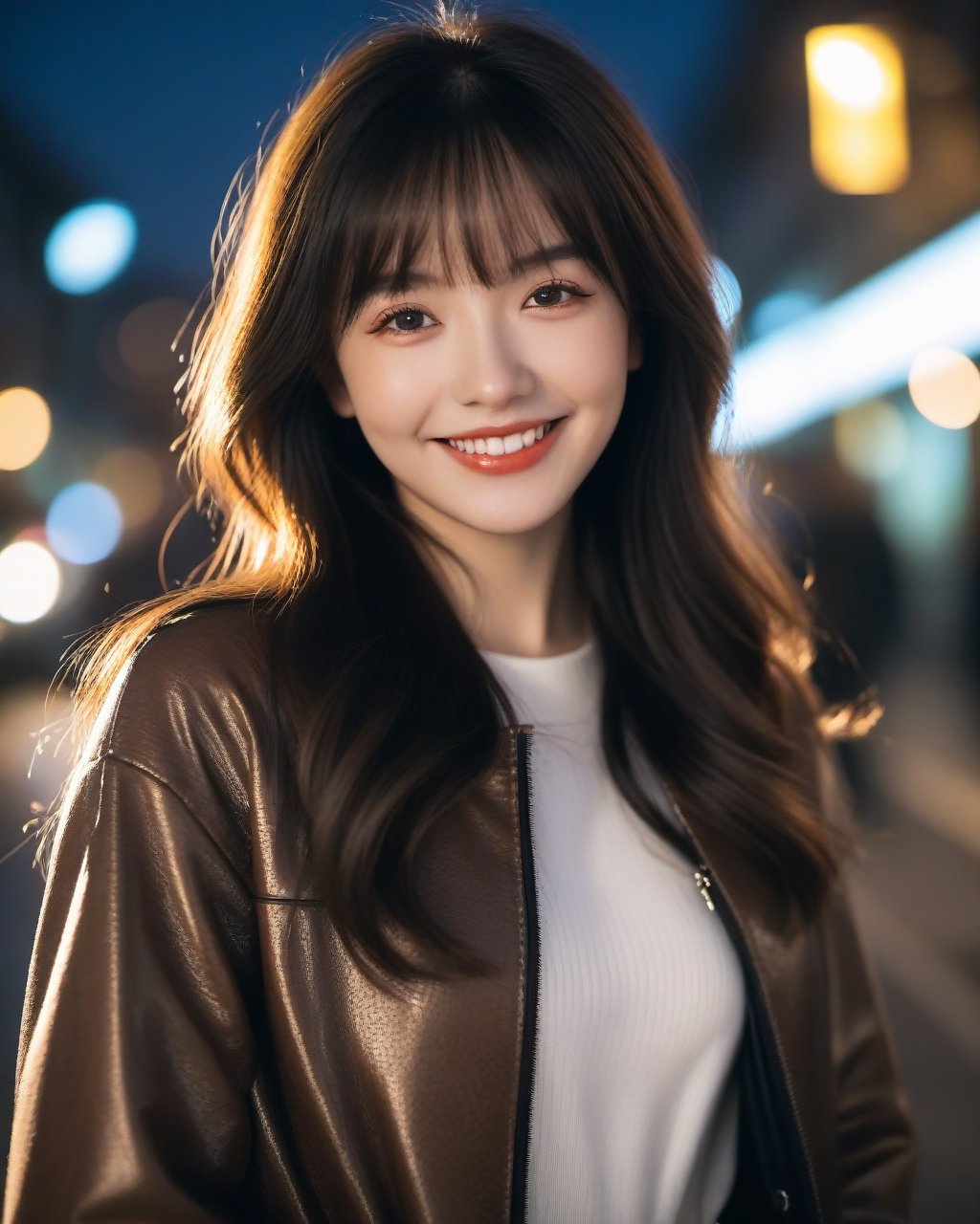 Textured skin, dim light, low key，1girl, solo,long hair, bow, looking at viewer,grin,, jacket,,, black hair, lens_flare,, brown hair, upper body,  bangs, mole,18 yesr old,,, <lora:WDR_景深-通透调节器:1>(EOS R8,50mm,F1.2,8K,RAW photo,reality_ray_tracing,sidelight,