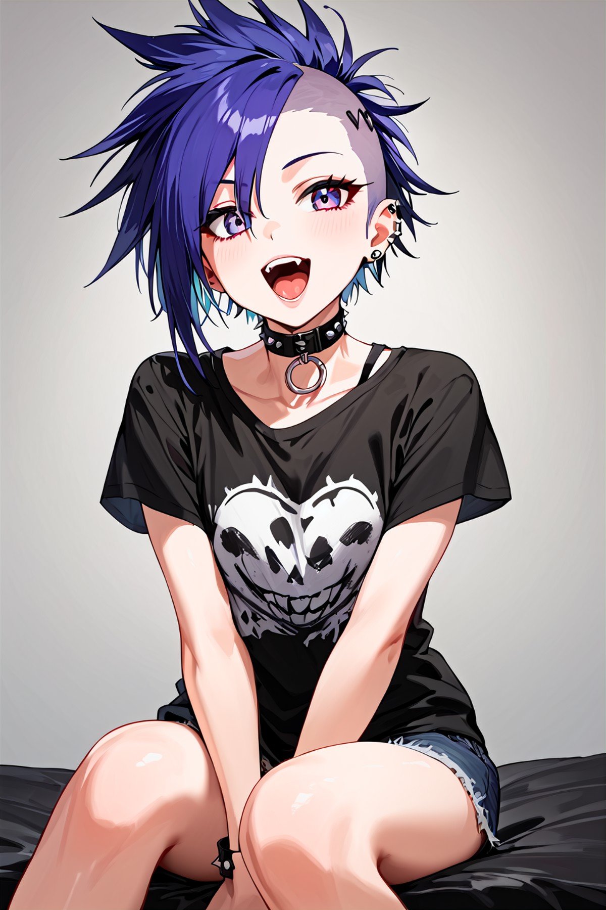 score_9,best quality,1girl,t-shirt,punk,sitting,open mouth