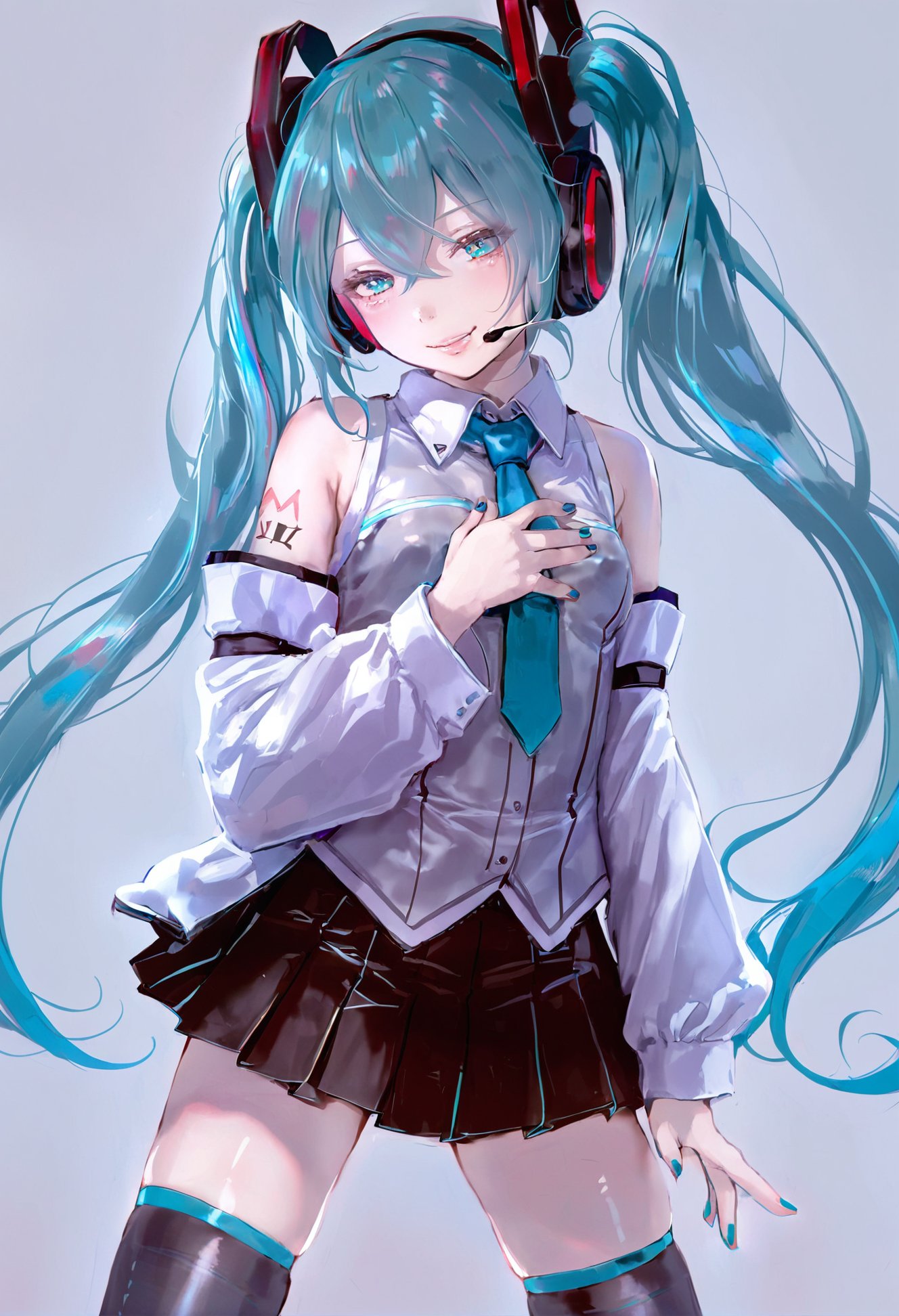 masterpiece, best quality,1girl, hatsune miku,  solo, long hair, twintails, skirt, thighhighs, necktie, detached sleeves, very long hair, smile, white background, black skirt, shirt, hand on own chest, looking at viewer, simple background, pleated skirt, black thighhighs, zettai ryouiki, bare shoulders, tattoo, aqua hair, grey shirt, sleeveless, aqua eyes, blush, sleeveless shirt, headphones, hair ornament, aqua necktie, hair between eyes, nail polish, collared shirt, closed mouth, bangs, shoulder tattoo, breasts, miniskirt, black sleeves, aqua nails, headset, number tattoo, blue necktie, floating hair, aqua trim, long sleeves, standing, cropped legs, small breasts, hand up, sleeves past wrists, v, white shirt, sidelocks, microphone, crossed bangs, glowing <lora:1111111XLlokr8f-000187:0.95>