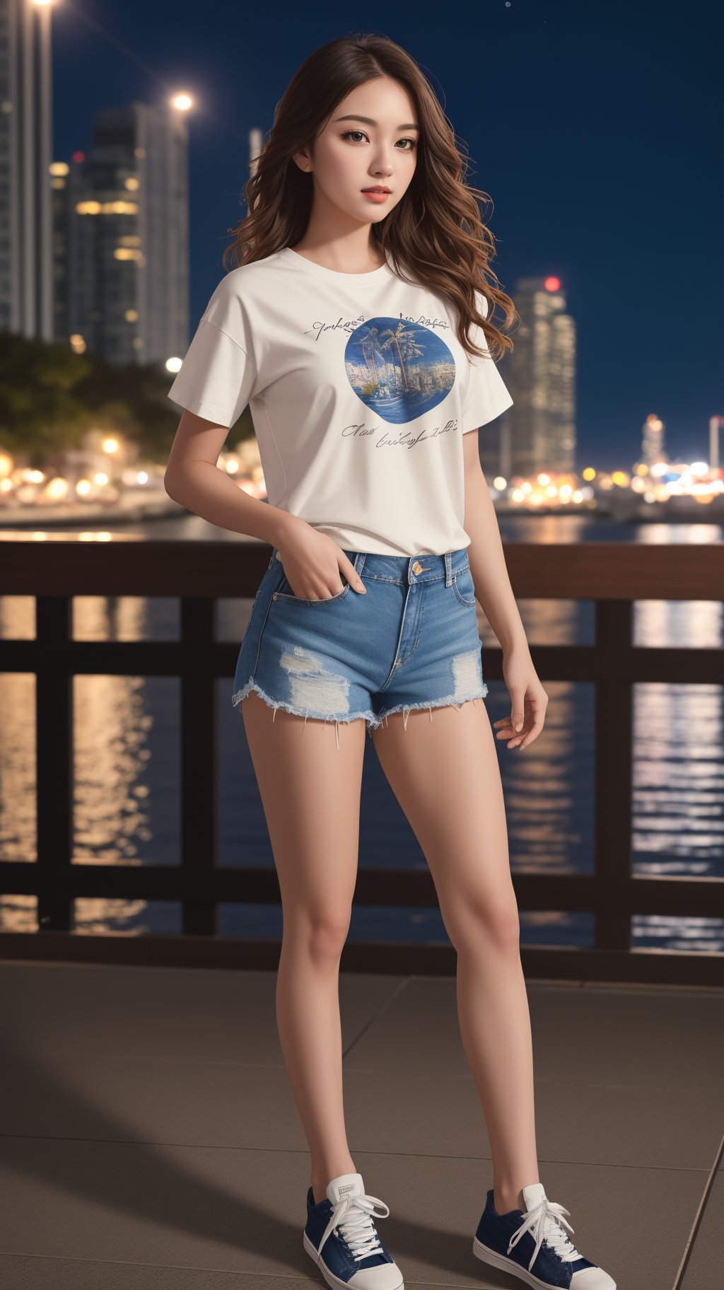 (masterpiece, realistic, best quality, ultra detailed), intricate, professional photography, sharp focus, (8k UHD), RAW photo, dslr, perfect lighting, professional lighting,  1girl wearing t-shirt and denim shorts, sneakers, brown wavy hair, background, harbor, night, night sky,