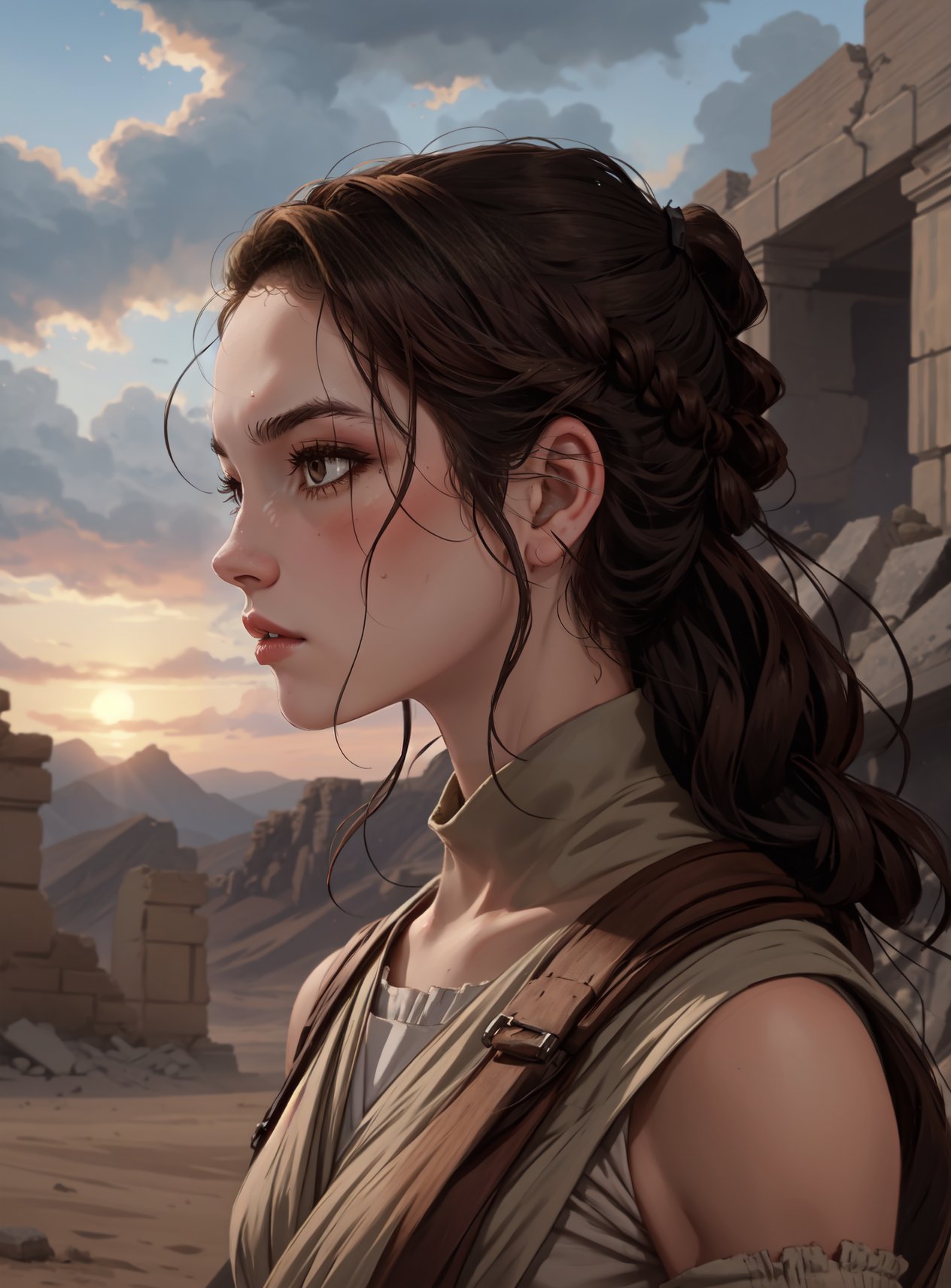 <lora:Rey:.5>, character: Rey, fierce_warrior, BREAK, appearance: flowing_chestnut_brown_hair, cascading_in_loose_waves_around_her_face, BREAK, outfit: desert_wrappings, practical_attire, BREAK, background: ancient_ruins, mystical_setting, BREAK, overall_result: a mesmerizing closeup of Rey, the fierce warrior, with flowing chestnut brown hair cascading in loose waves around her face. The natural movement of her hair adds a touch of wildness to her fierce and determined expression. She is dressed in practical desert wrappings, showcasing her ability to adapt to any situation. The backdrop of ancient ruins and a mystical setting creates an aura of mystery and adventure, as if Rey is ready to face the unknown. This prompt captures the essence of Rey's strength, bravery, and untamed spirit, resulting in a visually captivating and emotionally powerful masterpiece of the best quality  