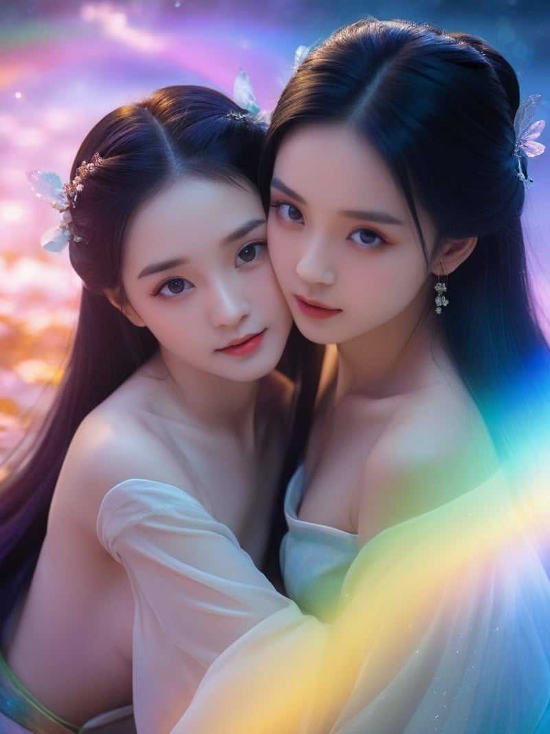 2girls,(18 y.o cure lovely naked fairy),Cinematic Lighting,(with a focus on her face),[slender face,short hair,narrow_waist,skinny],ancient china,hanfu,from_above,sex,floating and rainbow long hair,Iridescence and rainbow,beautiful detailed starry sky,hug,face close-up,