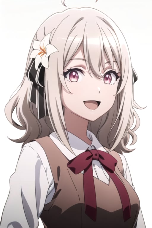 solo, 1girl, looking at viewer, 2D, anime, official style, anime coloring, anime screencap, upper body, (simple background, solid white background:1.3), <lora:lily-spyclassroom:0.8>, lily, hair flower, school uniform, white shirt, vest, ribbon, smile, :D