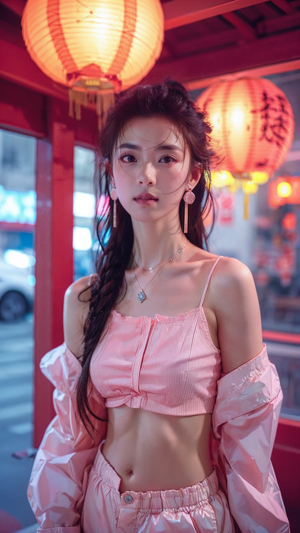 sdmai，fenfen, 1girl, jewelry, realistic, solo, necklace, neon lights, motor vehicle, earrings, ground vehicle, midriff, looking at viewer, brown hair, navel, paper lantern, car, parted lips, long hair, lantern, blurry <lora:SDMAI粉粉fenfen:0.7>