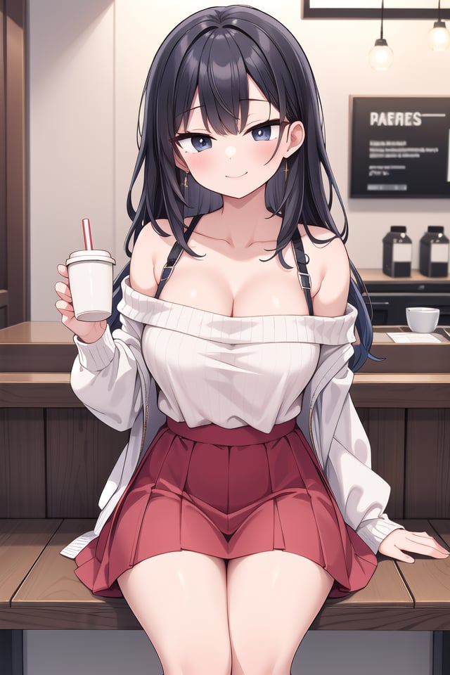 insanely detailed, absurdres, ultra-highres, ultra-detailed, best quality,1girl, solo, nice hands, perfect hands,BREAKwearing sweater, off shoulder sweater, one piece sweater, sweater with long sleeves, bare shoulder, collarbone, red skirtBREAKhappy smile, laugh, closed mouth,sitting, holding coffee cup,from below, cowboy shot, looking at viewerBREAKslender, kawaii, perfect symmetrical face, ultra cute girl, ultra cute face, ultra detailed eyes, ultra detailed hair, ultra cute, ultra beautiful,BREAKindoors, in coffee shopBREAKlarge breasts, black hair, long hair, black eyes