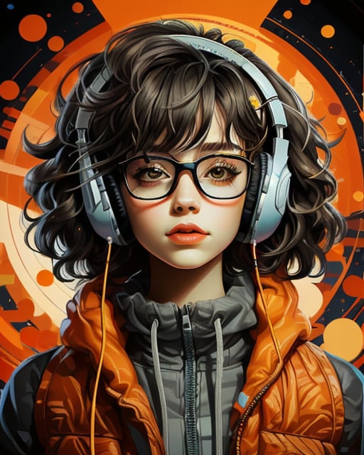 1 girlA girl with glasses wearing headphones,Orange Girl 