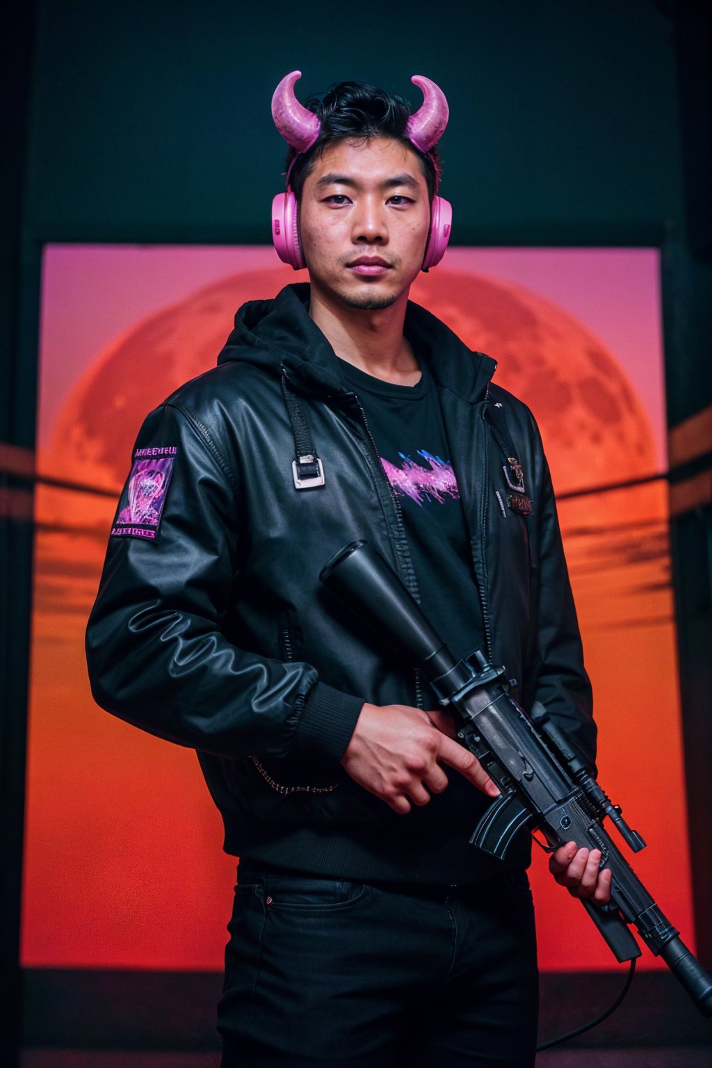 ((vaporwave aesthetics:1.2)), 35 year old asian man, standing under a blood moon, (mechanical demon horns), wearing a black cyberpunk jacket, (hotline miami), uzi sub-machine gun, bokeh, muscular, realistic, highly detailed, realistic eyes, intricate details, detailed background, depth of field