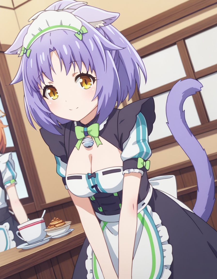 score_9, score_8_up, score_7_up, source_anime,nekoparacinnamon, <lora:nekopara-cinnamon-s1-ponyxl-lora-nochekaiser:1>,cinnamon, short hair, animal ears, yellow eyes, purple hair, cat ears,dress, bow, tail, short sleeves, frills, bowtie, apron, cat tail, maid, maid headdress, bell, cat girl, waist apron, jingle bell, neck bell, waitress, cleavage,indoors, cafe, bent over, smile,looking at viewer, solo, cowboy shot, dutch angle,