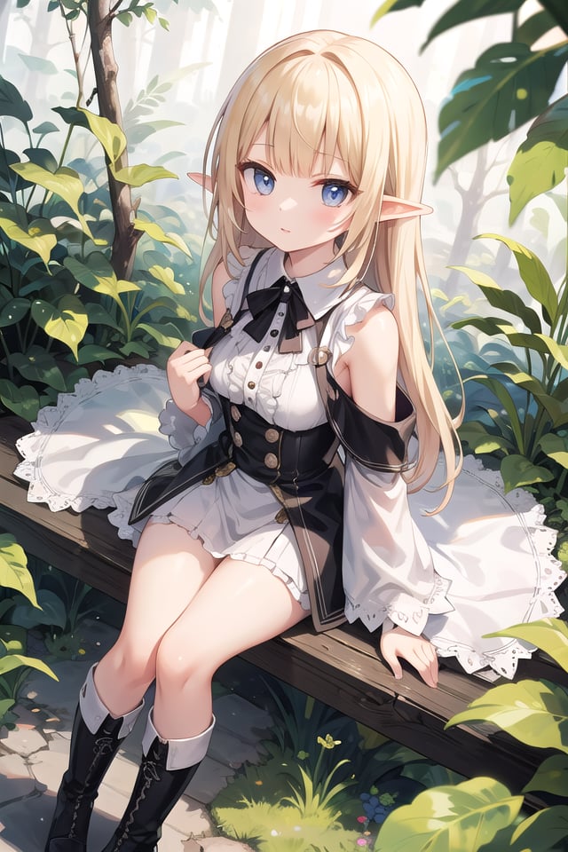 insanely detailed, absurdres, ultra-highres, ultra-detailed, best quality,1girl, solo, nice hands, perfect handsBREAKelf girl, bootsBREAKsitting on branch,from above,looking up,cowboy shot, looking at viewerBREAKslender, kawaii, perfect symmetrical face, ultra cute girl, ultra cute face, ultra detailed eyes, ultra detailed hair, ultra cute, ultra beautifulBREAKin forest, ground, leaf, butterfly, (wide shot magnificent view:1.2),(dappled sunlight:1.2), blurry, (depth of field:1.1)BREAKshiny hair, blonde hair, blunt bangs