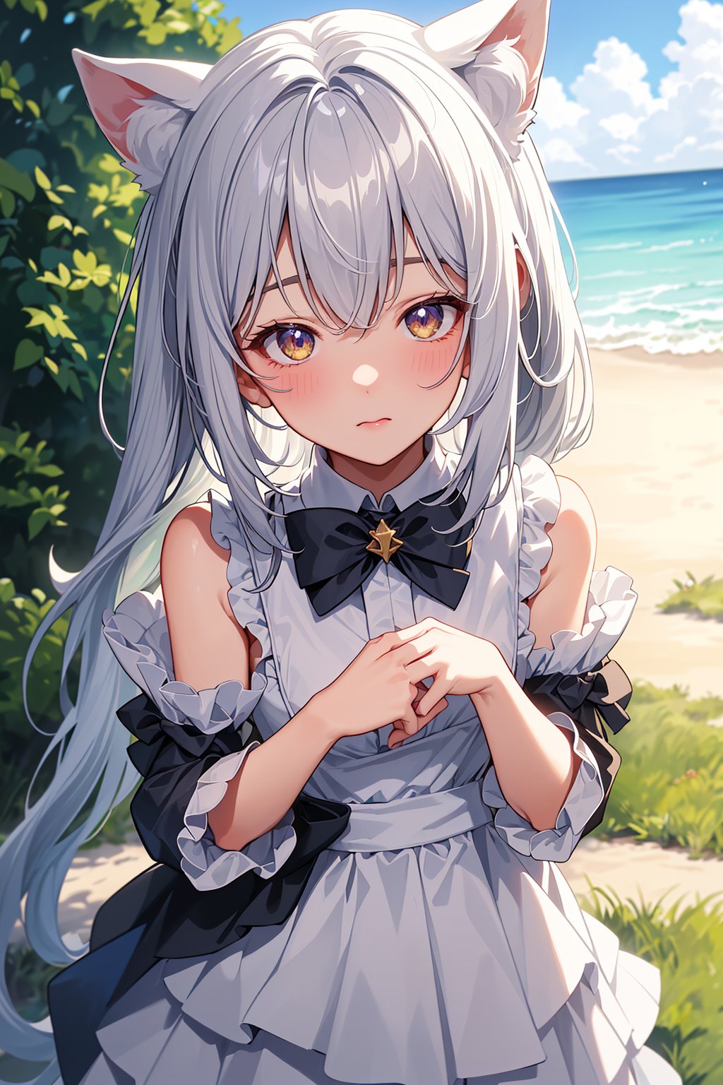 Best quality, perfect lighting, Blue sky white clouds,Outdoor, Blush,double ponytail, extra ears, cat ears , bare shoulders,In a maid costume, Gradual pupil appears intense,A small tuft of gray white hair on the head,a yellow bow tied to the chest, and a brooch symbolizing a witch.(loli:1.7), <lora:YG萌萌哒兽耳娘:0.75>,