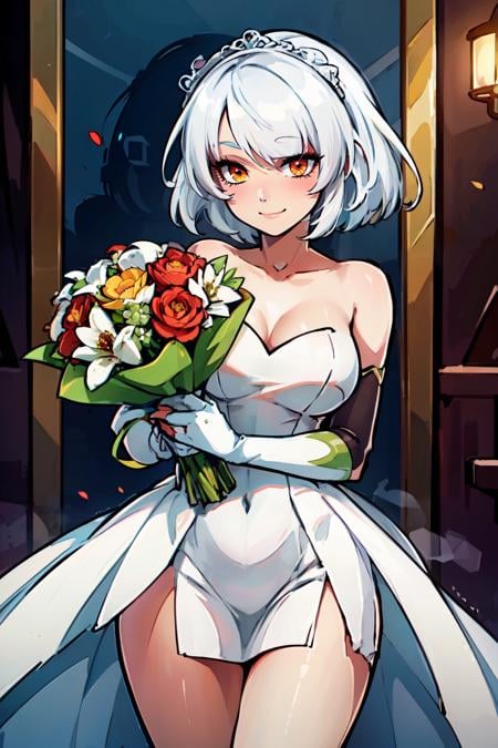 ((masterpiece,best quality)), absurdres, <lora:anby_demara:0.7>,  curvy, medium breasts, wide hips,   anby demara, orange eyes, short hair, white hair,    bride, wedding dress, bridal veil, strapless dress, elbow gloves,  holding bouquet,  solo, smile, looking at viewer, cowboy shot,