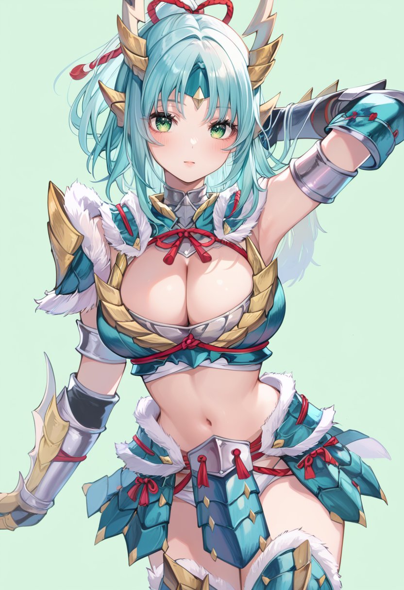 (score_9:0.9),score_8_up,score_7_up,rating_safe,anime style,(zPDXL),<lora:Zinogre armor ponyXL v2:0.83>,  Zinogre armor, cyan gauntlets, cyan armor boots, 1girl, solo,  large breasts, blush, looking at viewer, green eyes, simple background, cyan hair, butterfly, cleavage cutout