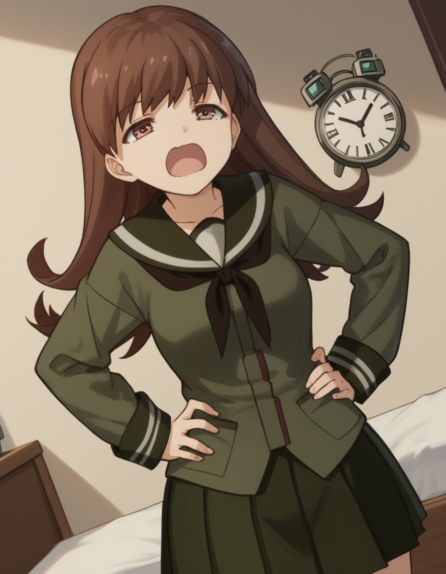 score_9, score_8_up, score_7_up, source_anime, <lora:kacolle-ooi-s1-ponyxl-lora-nochekaiser:1>, ooi, long hair, brown hair, brown eyes, ooi (kancolle), skirt, school uniform, pleated skirt, serafuku,, bedroom, alarm clock, morning routine, yawning, stretching, on bed,, , , smug, hands on hips,, solo,, cowboy shot, dutch angle