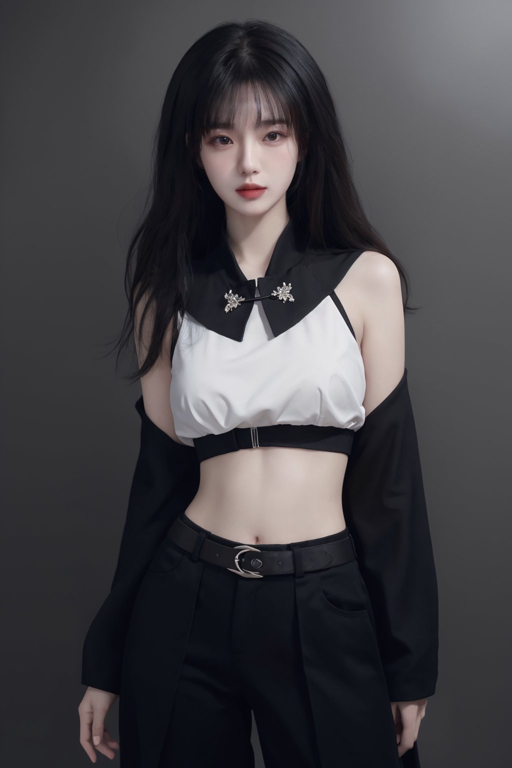 masterpiece, best quality, masterpiece,best quality,official art,extremely detailed CG unity 8k wallpaper,woman,photorealistic, masterpiece, realistic,araffed woman in black top and black pants posing for a picture, jiyun chae, wavy long - length black hair, shoulder-length black hair, lu ji, +81 magazine, wavy shoulder-length hair, kim hyun joo, physical : tinyest midriff ever, tinyest midriff ever, Wang Yuanqi, black wavy hair with bangs, long thin black hair, huge belt, female actress from korea, Du Qiong, Huang Ji, Qian Du, portrait of female korean idol, wavy long black hair, black long hair, shoulder length black hair, id magazine, Hu Zaobin, dilraba dilmurat, wavy black hair, black wavy hair, no logo, beautiful midriff, jia, Chen Jiru, gold belt, Luo Mu <lora:模特:0.8>