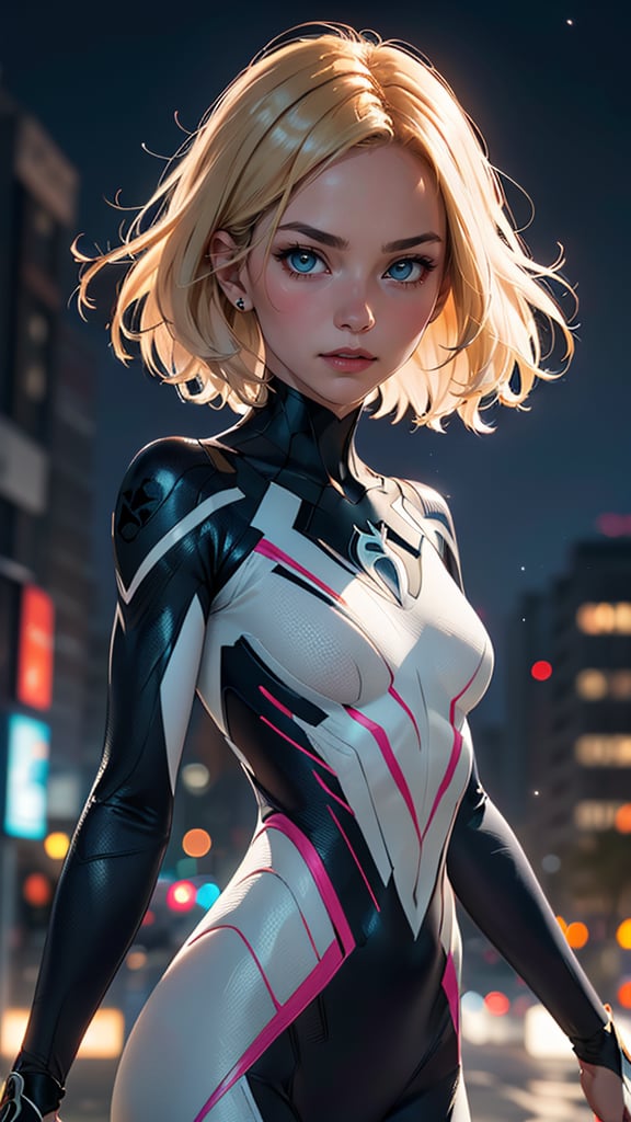 (best quality, masterpiece, colorful, dynamic angle, highest detailed) upper body photo, fashion photography of cute, intense short blonde hair, \Gwendolyne Maxine Stacy\ Spider-Gwen suit, (ultrahigh resolution textures), in dynamic pose, bokeh, glowing web, (intricate details, hyperdetailed:1.15), detailed, moonlight passing through hair, perfect night, fantasy background, (official art, extreme detailed, highest detailed), HDR+